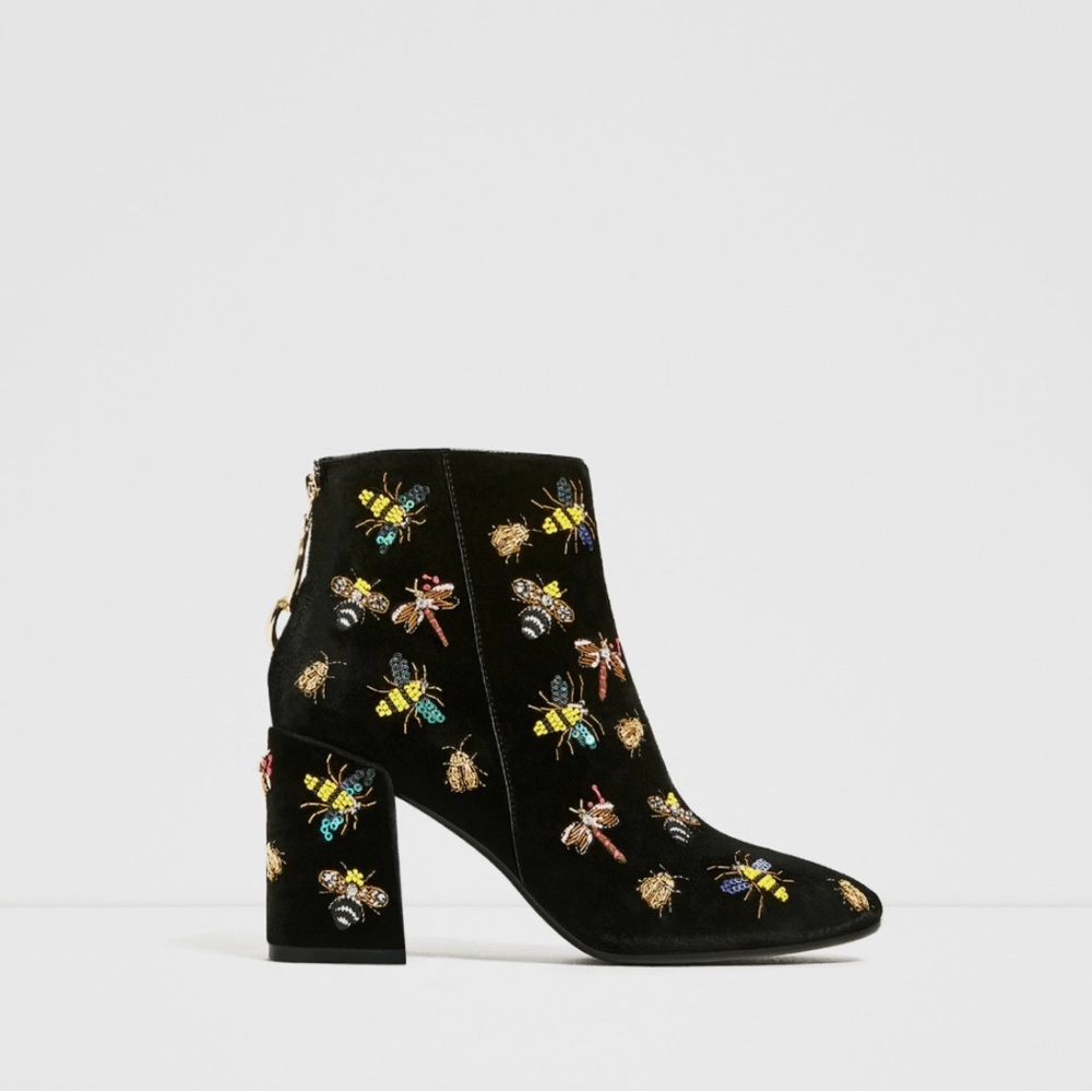 Zara black velvet beaded ankle boots with insect embroidery size 41/ 10.5